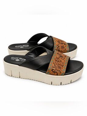 Crazy Train Stitch N Slides Platform Sandals Size 9 Western Aztec Turquoise